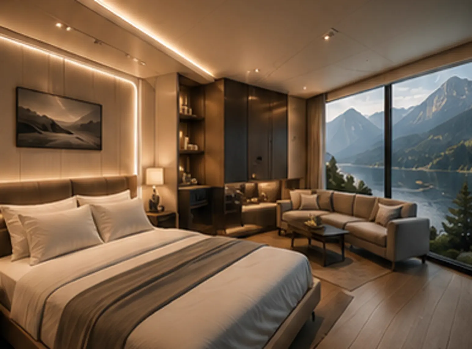Interior of a miBEL capsule with a bed, lounge seating and a mountain view