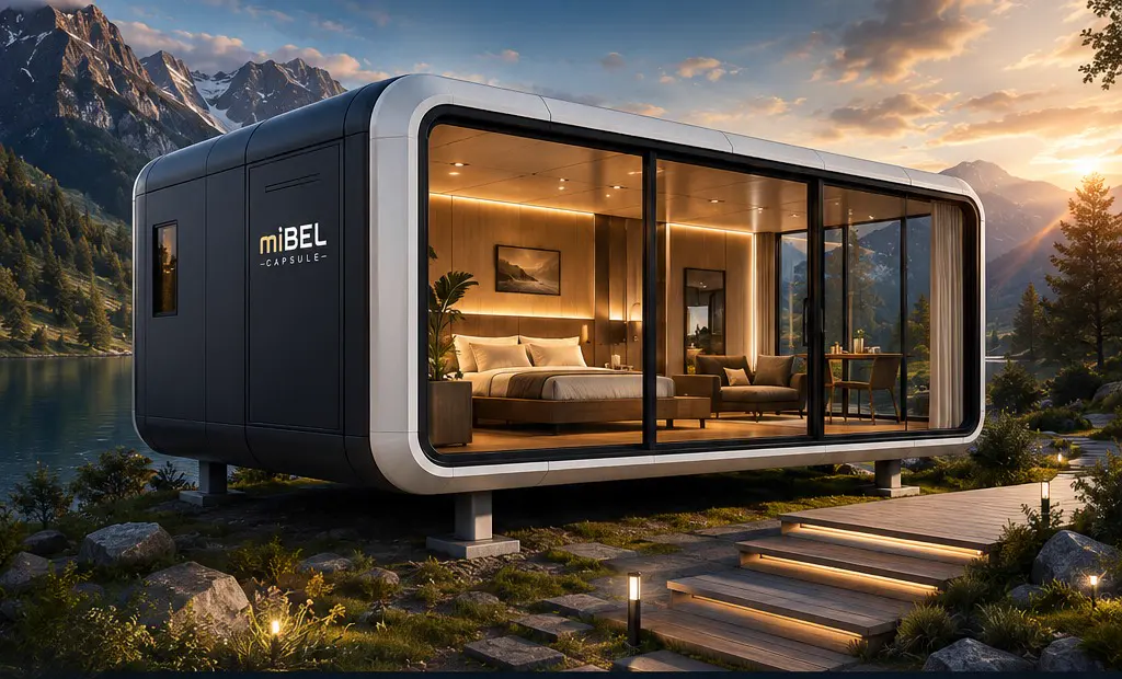 miBEL capsule beside a mountain lake at sunset with warm interior lighting