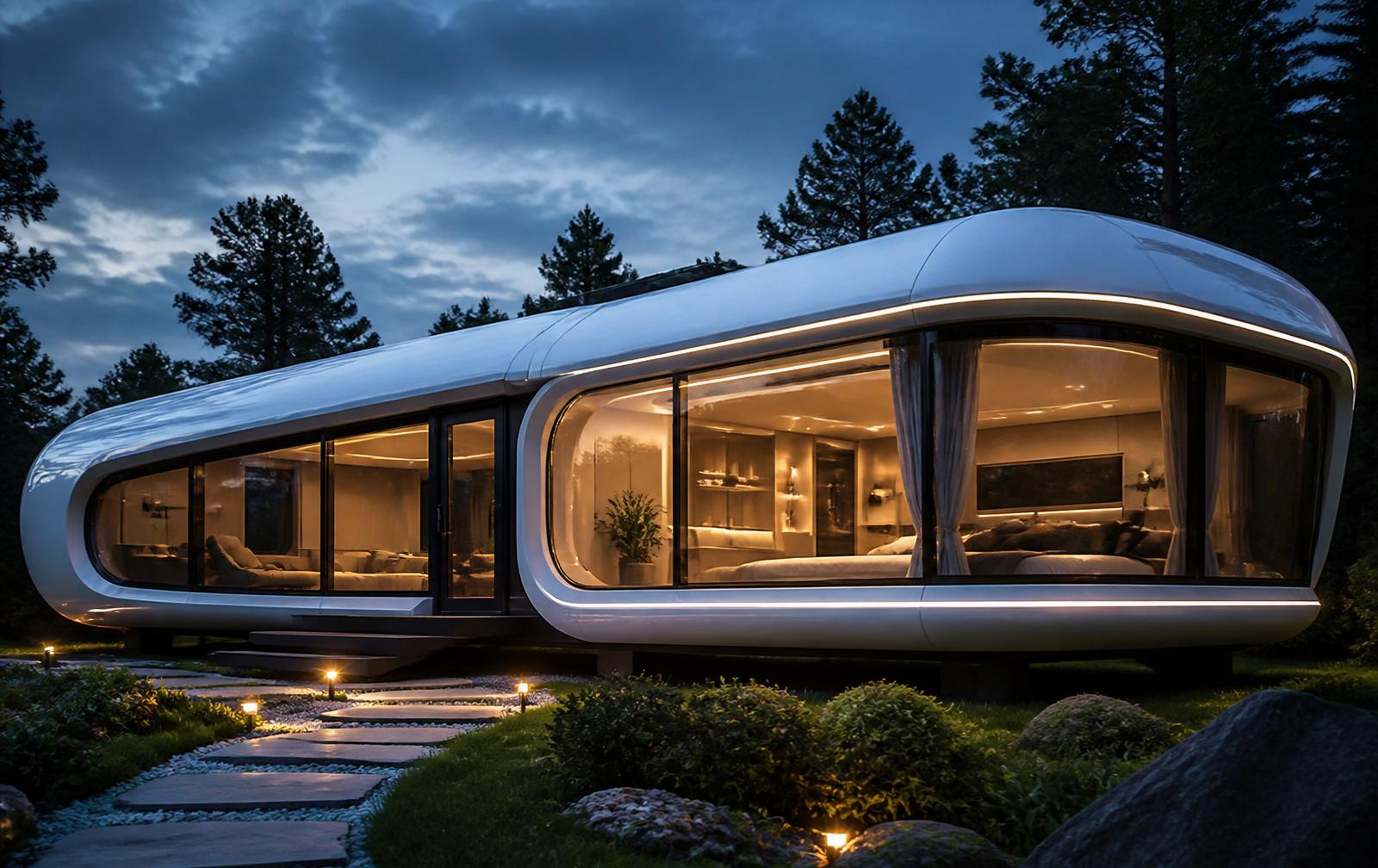 Luxuria 360 capsule home at dusk with warm interior glow