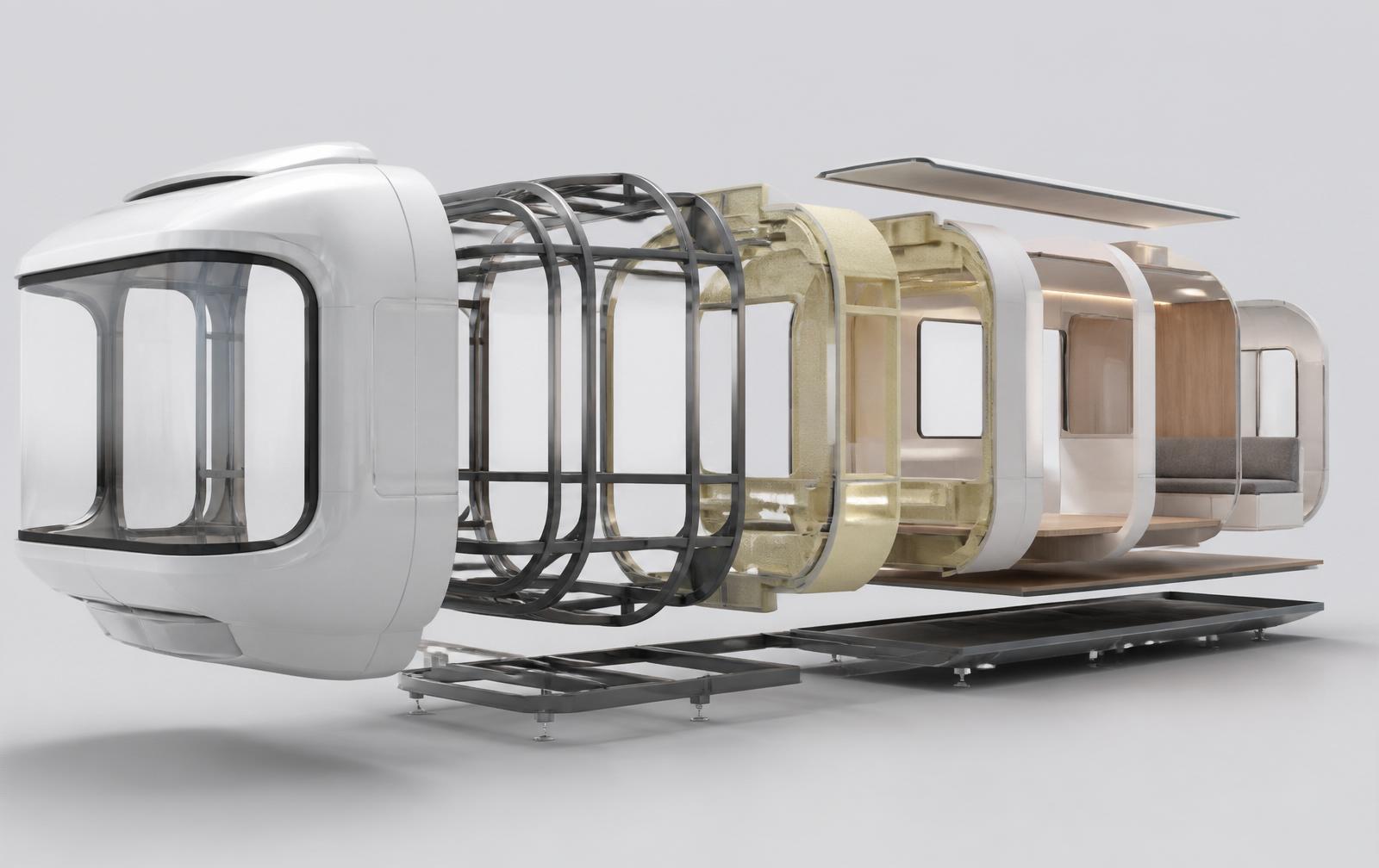 Exploded view of miBEL capsule showing FRP shell, tubular steel frame, insulation and interior finish layers